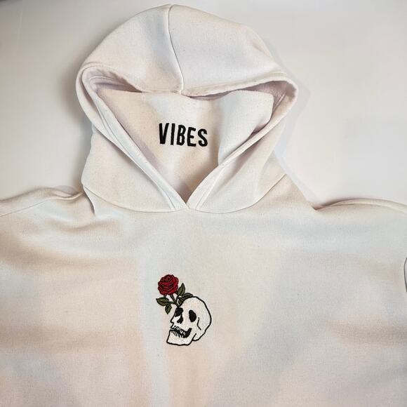 Orange Kiss Skull Rose Hoodie White L Vibes Embroidery Streetwear Unisex Cozy - Picture 1 of 11
